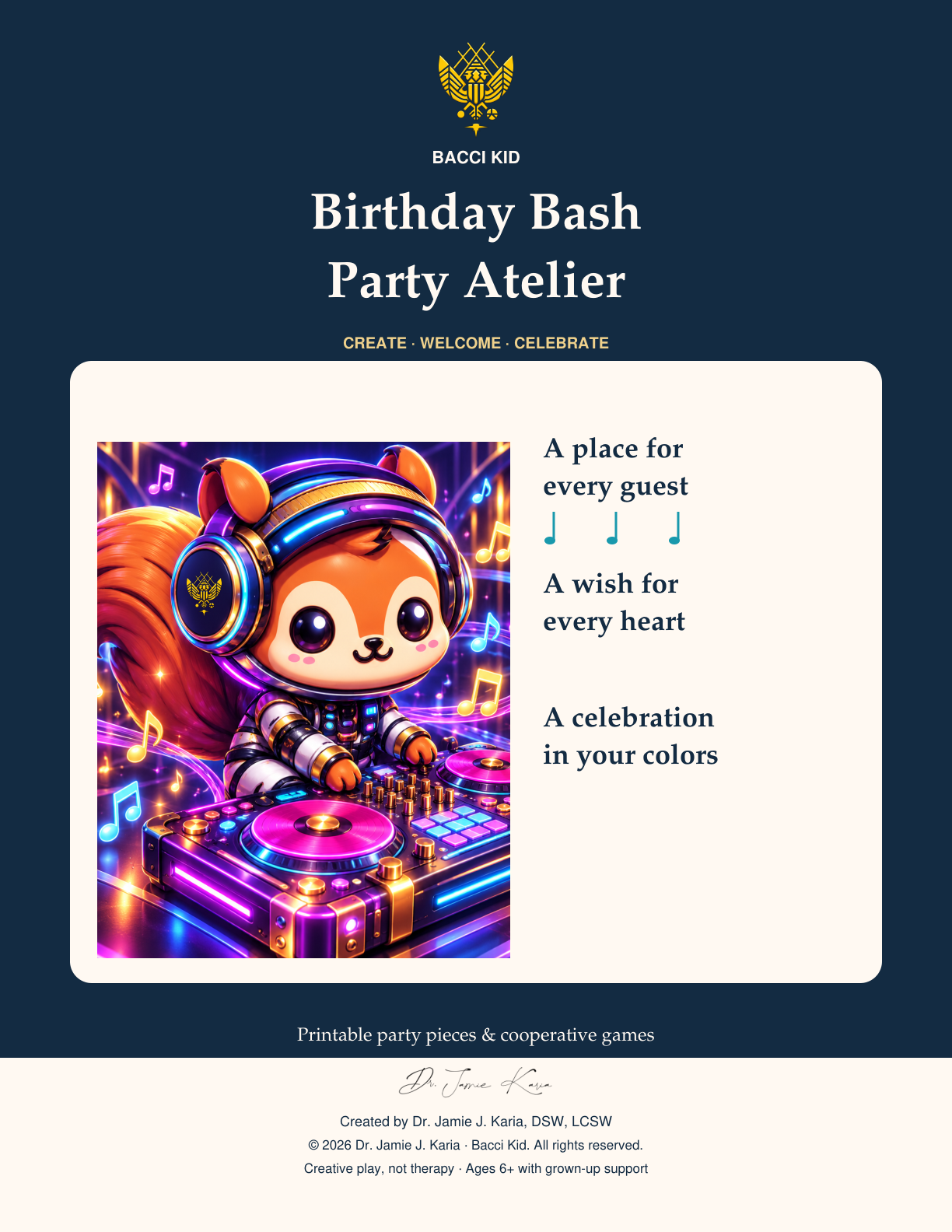 Birthday Bash Party Atelier with Phoenix-branded DJ headphones and music notes