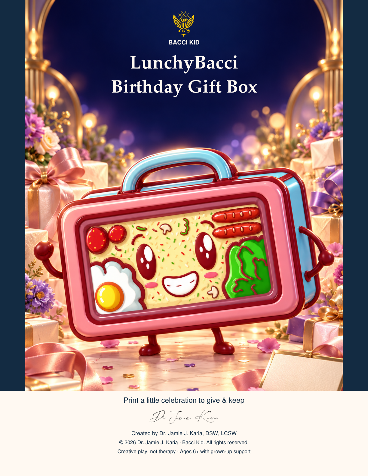 LunchyBacci Birthday Gift Box illustrated cover with current gold Phoenix crest