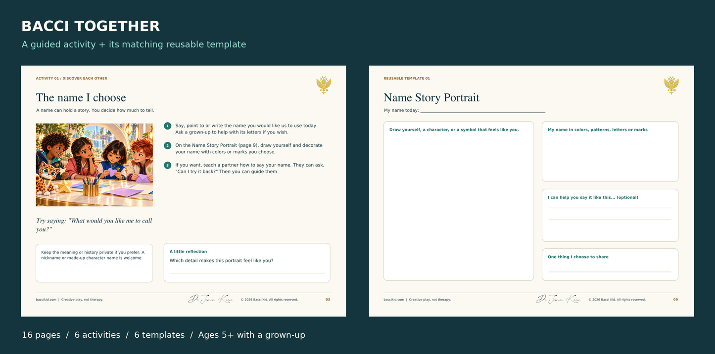 Actual guided activity and matching reusable template from the revised 16-page Bacci Together PDF.