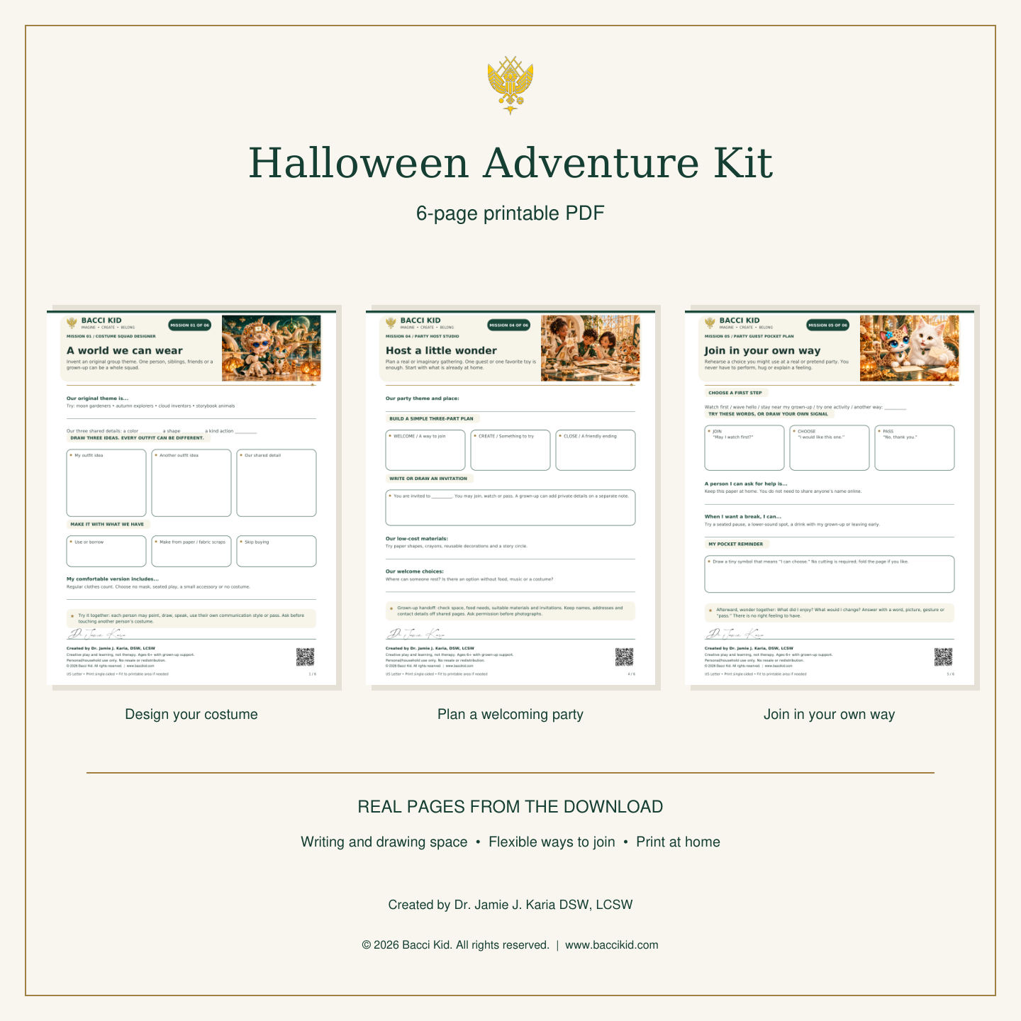 Actual pages from the six-page Halloween printable PDF