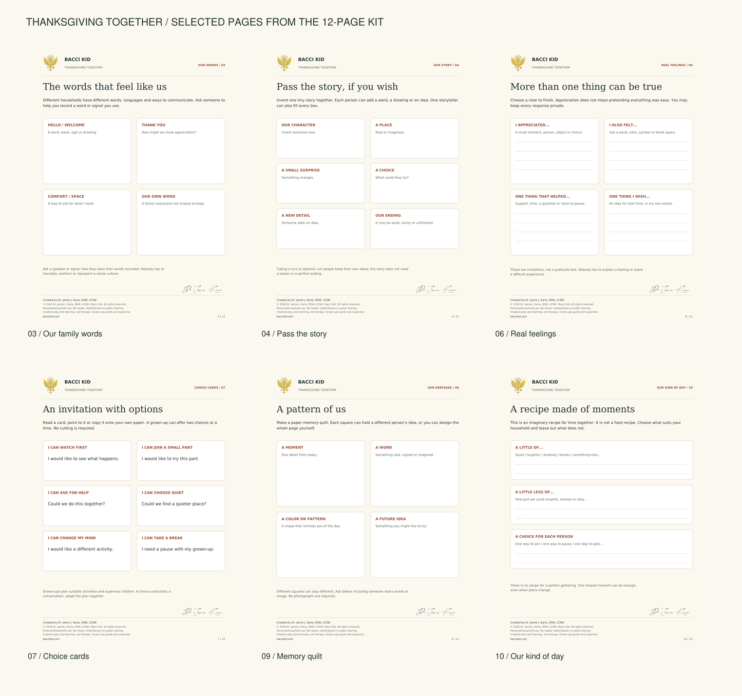 Actual Thanksgiving parent kit pages with restrained branding and clear creator footer