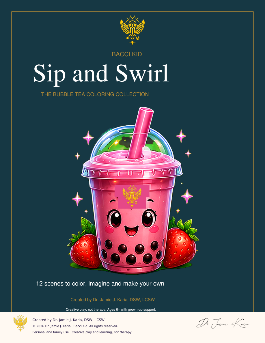 Sip and Swirl Coloring Book Vol. 1 with current Bacci Kid yellow crest
