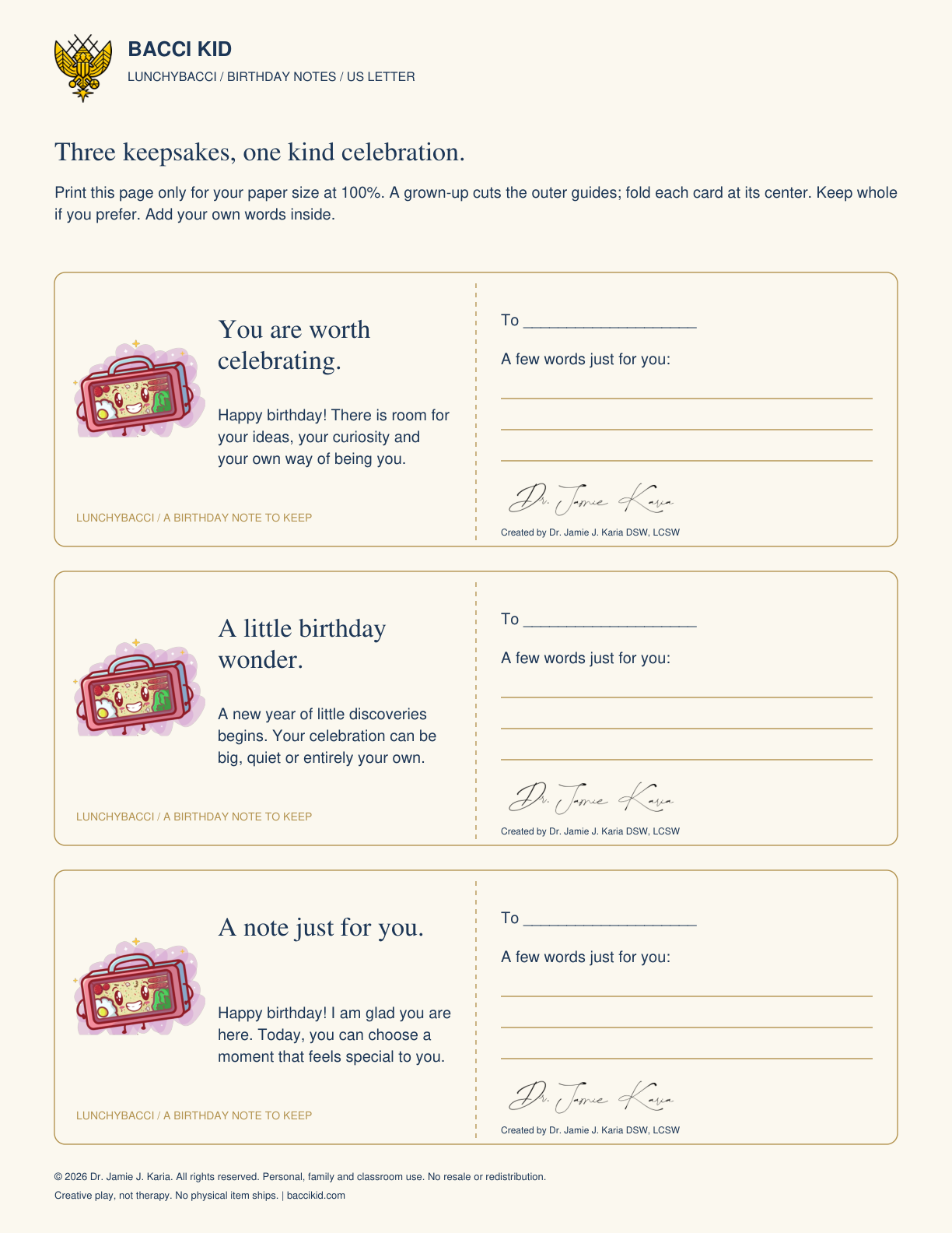LunchyBacci Birthday Notes: three printable cards in US Letter and A4