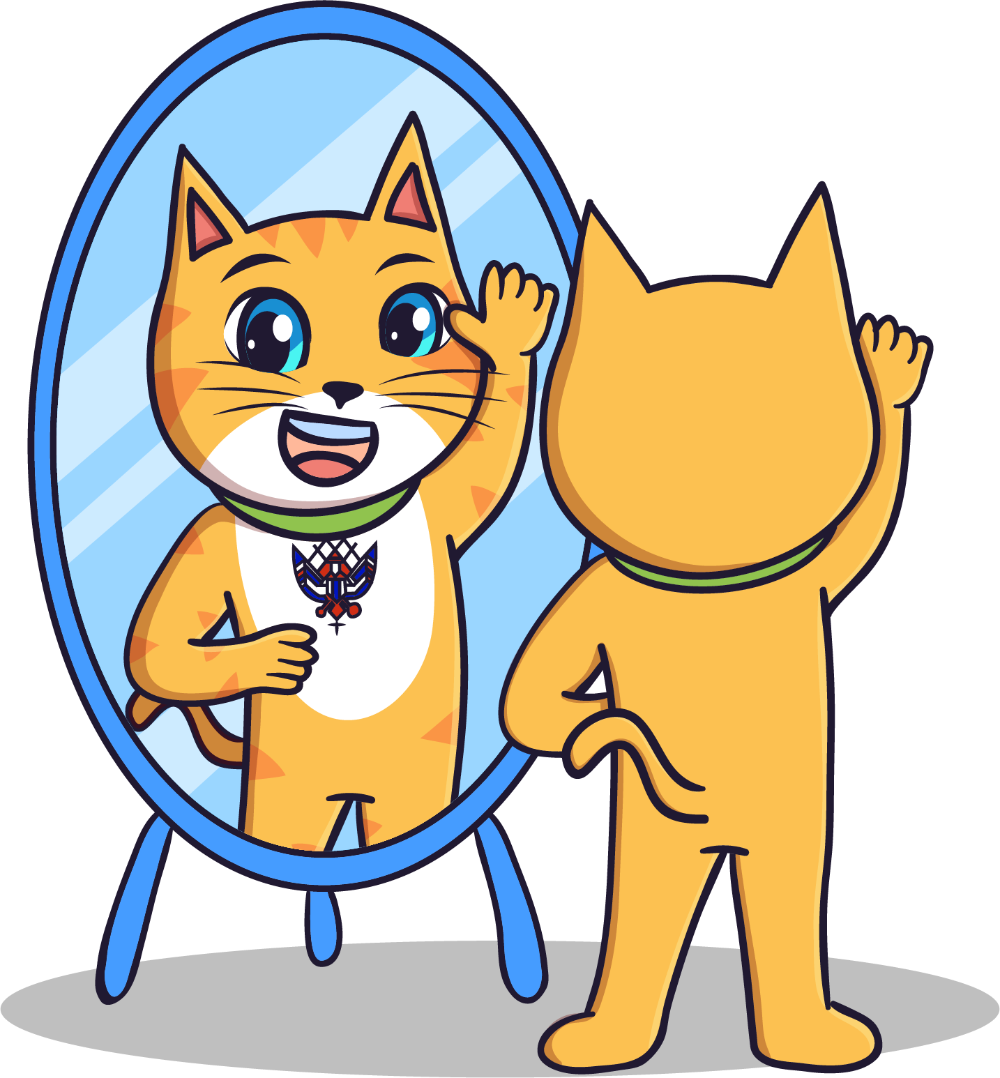 Bacci the orange cat smiling at himself in a mirror