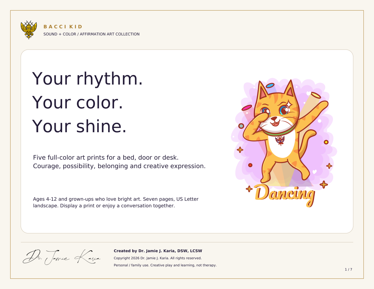 Sound + Color Studio five affirmation prints, official Phoenix crest and Dr. Jamie J. Karia signature