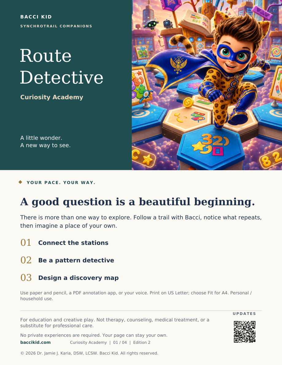 Route Detective illustrated cover: Bacci exploring Curiosity Academy beside a teal title panel and three activities.