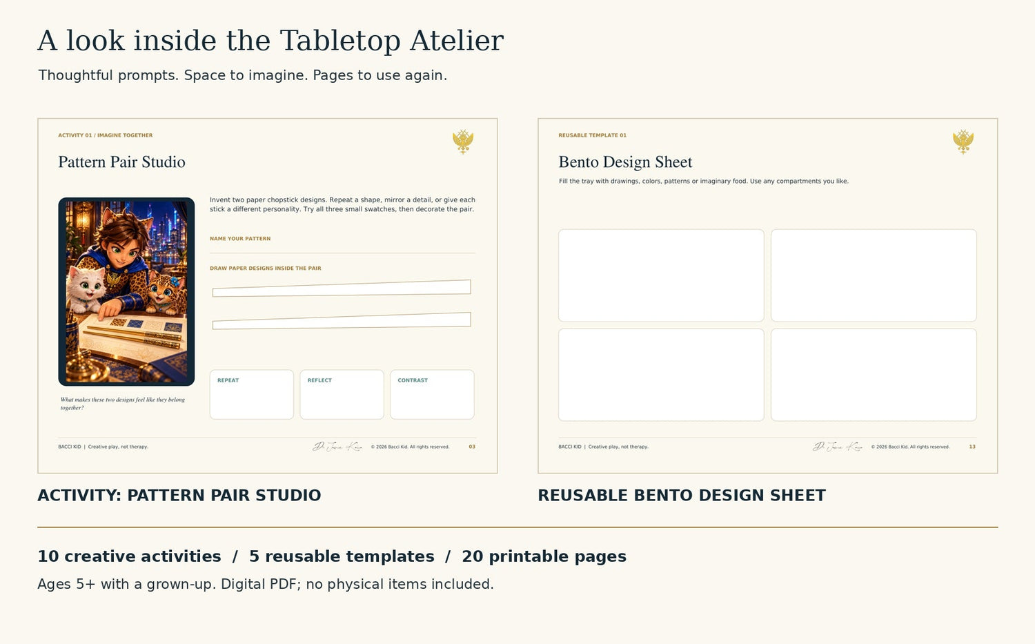 Actual printable pages: Pattern Pair Studio activity and Bento Design Sheet