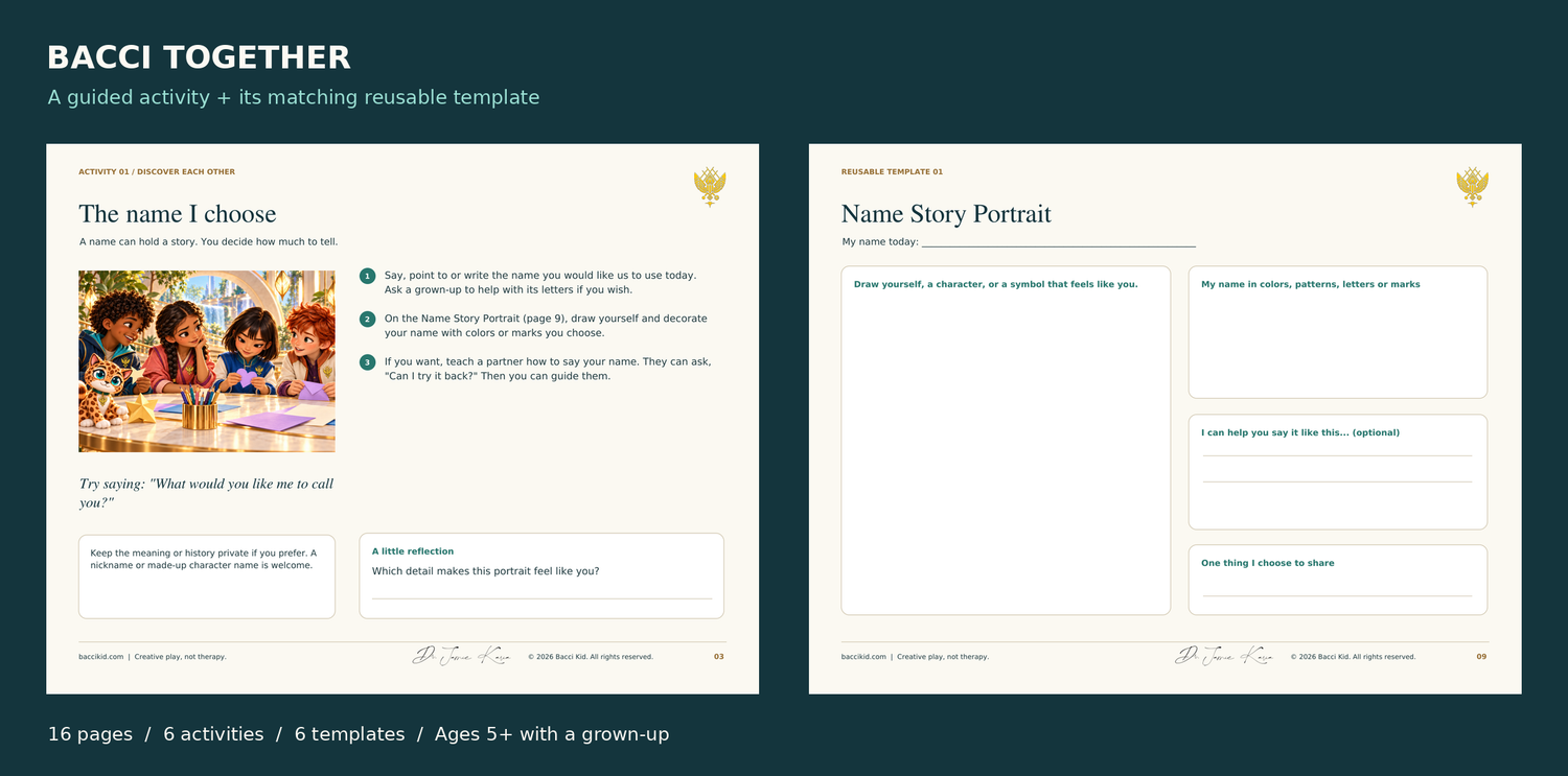 Actual guided activity and matching reusable template from the revised 16-page Bacci Together PDF.