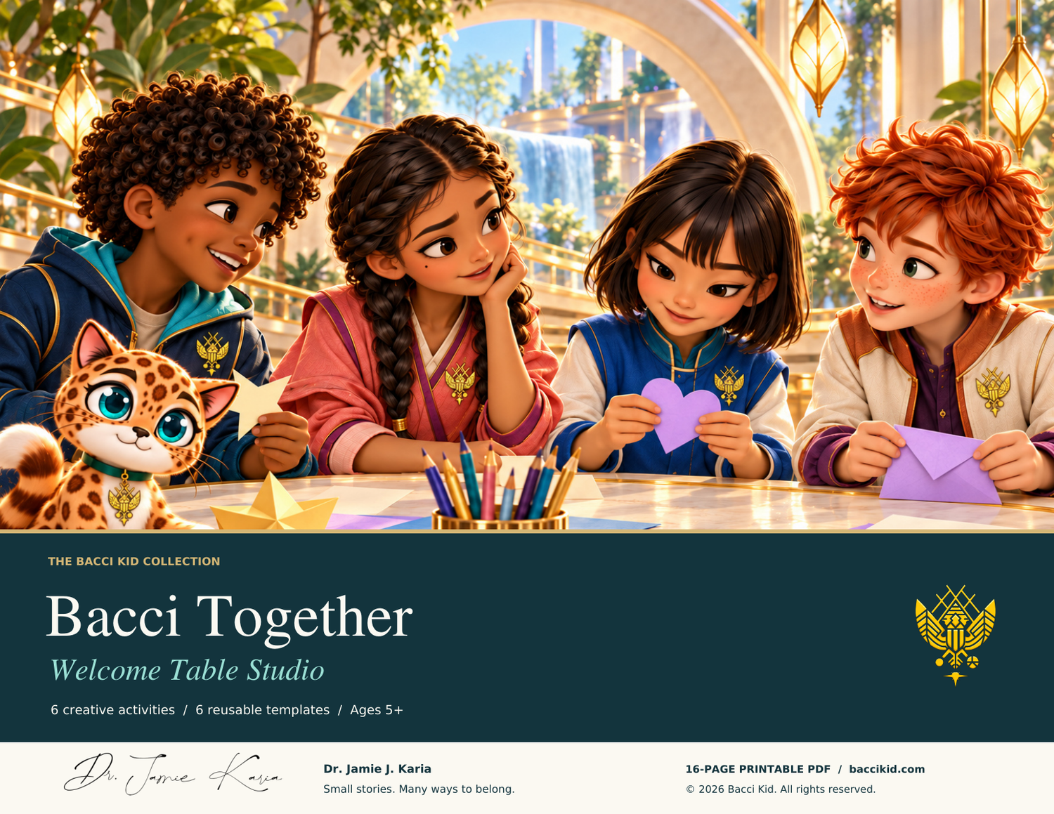 Revised Bacci Together cover with four Bacci Kid friends, aqua-eyed Bacci Cat, the supplied gold crest and creator signature.