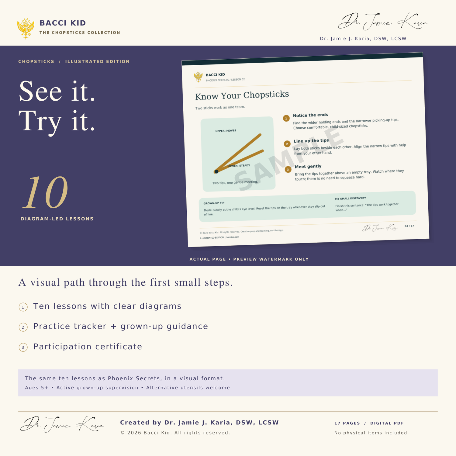 CHOPSTICKS  /  ILLUSTRATED EDITION. 17-page printable PDF with approved signature. Ten lessons with clear diagrams; Practice tracker + grown-up guidance; Participation certificate.