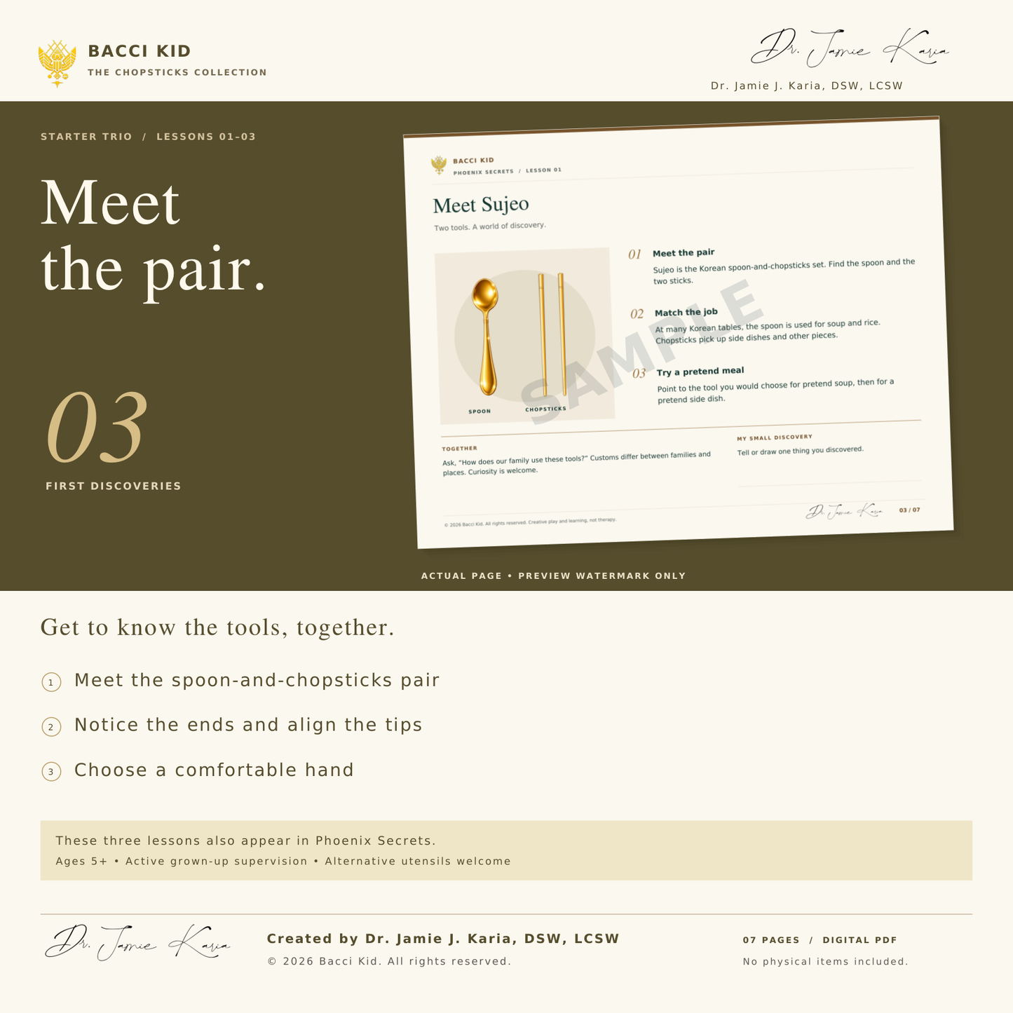 STARTER TRIO  /  LESSONS 01–03. 7-page printable PDF with approved signature. Meet the spoon-and-chopsticks pair; Notice the ends and align the tips; Choose a comfortable hand.