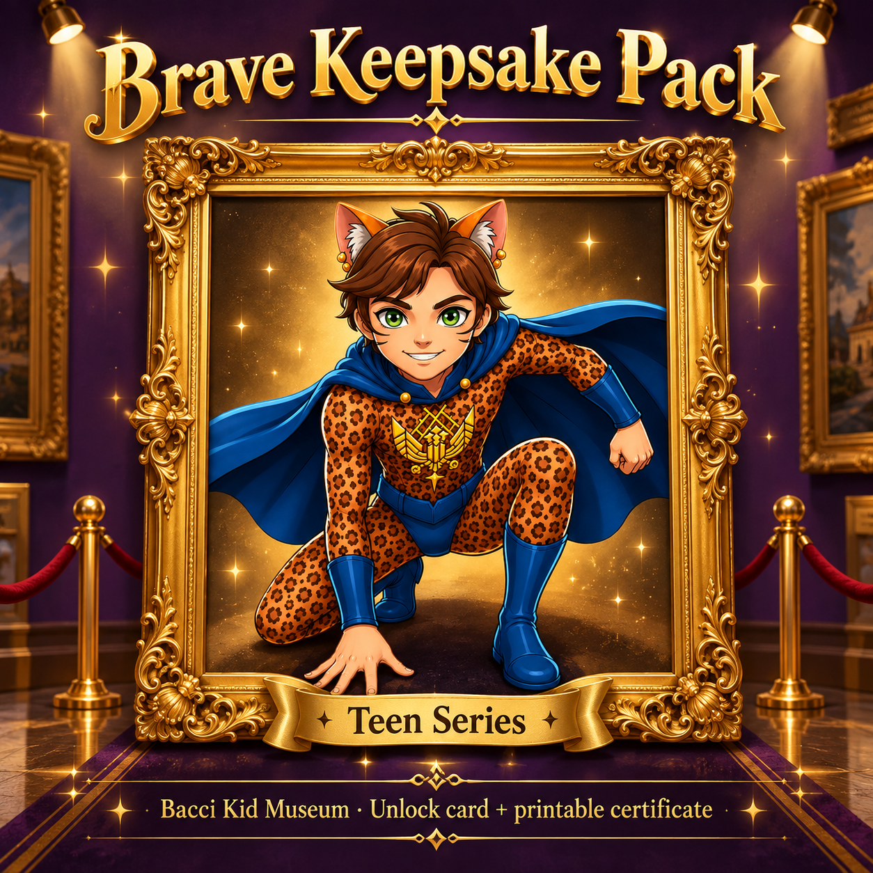 Brave Keepsake Pack, colored Brave art in a gold frame at The Bacci Kid Museum