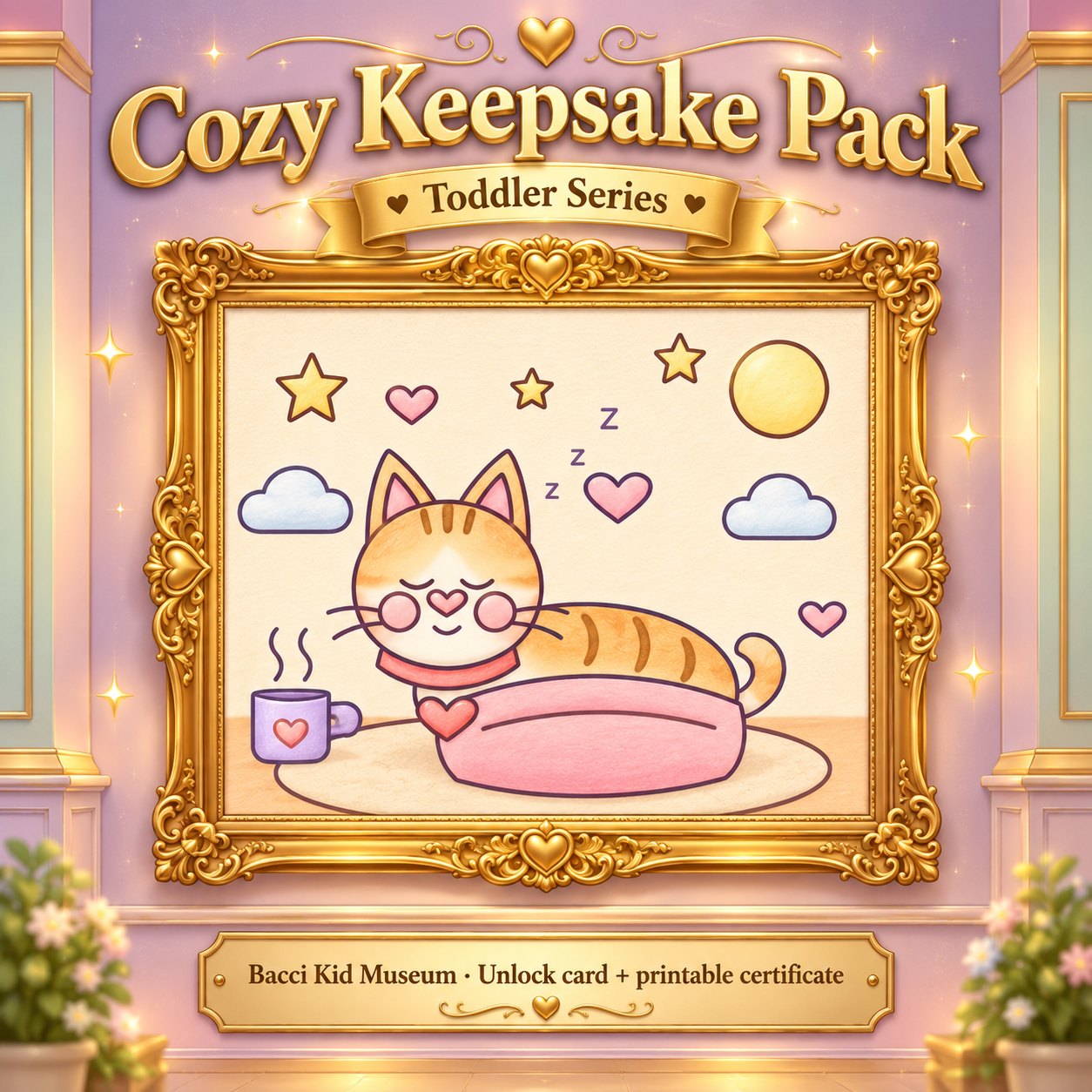 Cozy Keepsake Pack, colored Snuggabacci art in a gold frame at The Bacci Kid Museum
