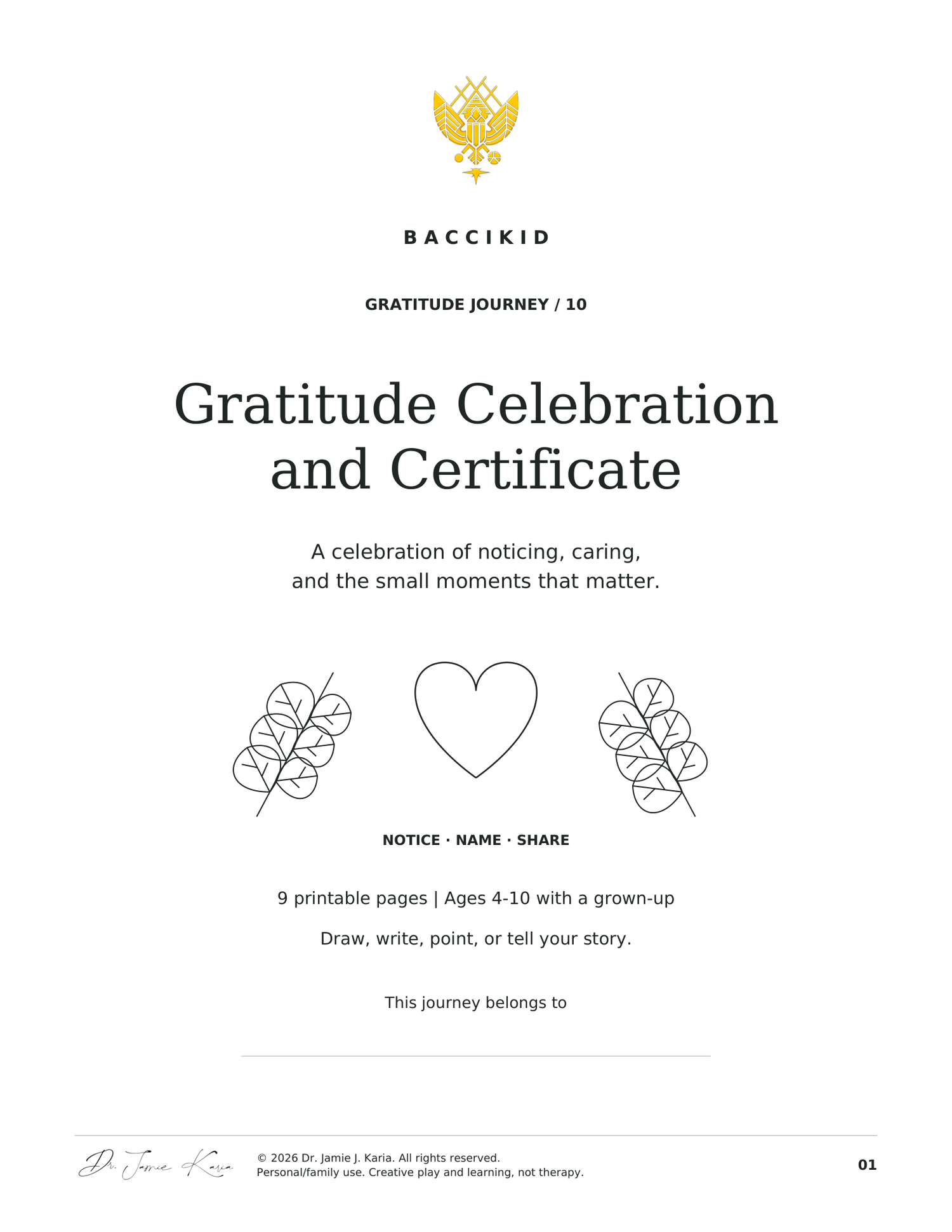 Gratitude Journey 10: nine-page printable celebration and certificate kit