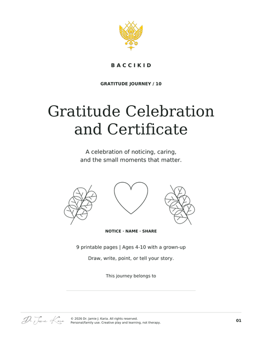 Gratitude Journey 10: nine-page printable celebration and certificate kit