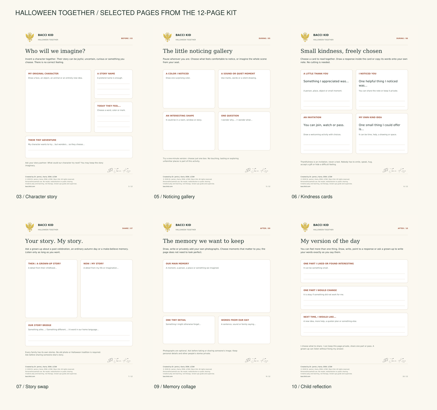 Actual Halloween parent kit pages with restrained branding and clear creator footer