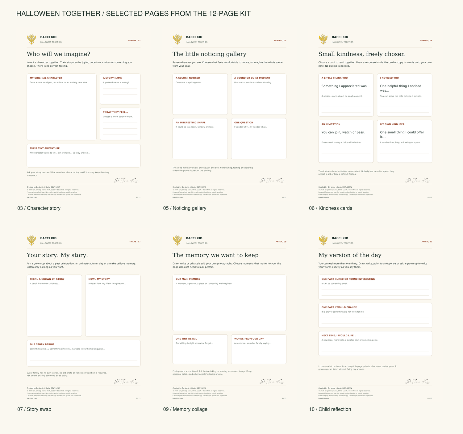 Actual Halloween parent kit pages with restrained branding and clear creator footer