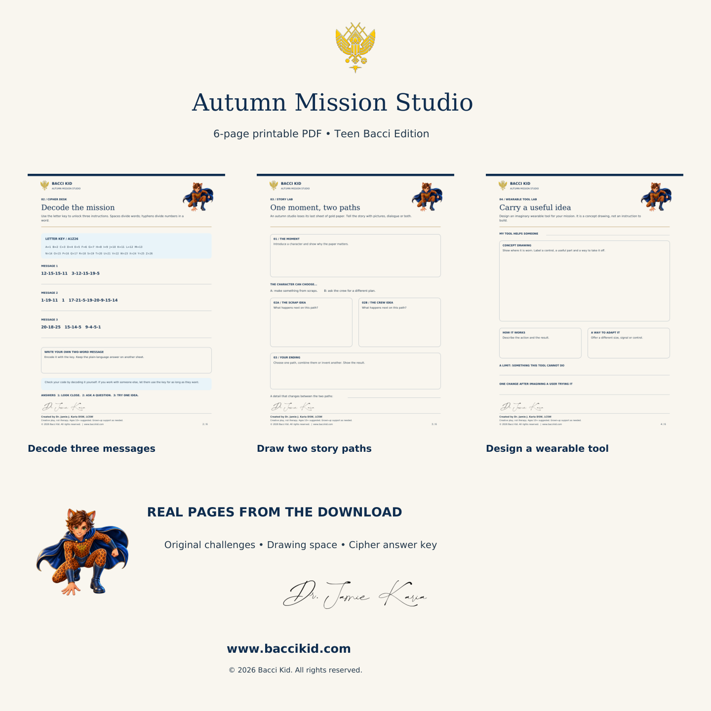 Actual pages from the revised Teen Bacci six-page Autumn Mission Studio kit