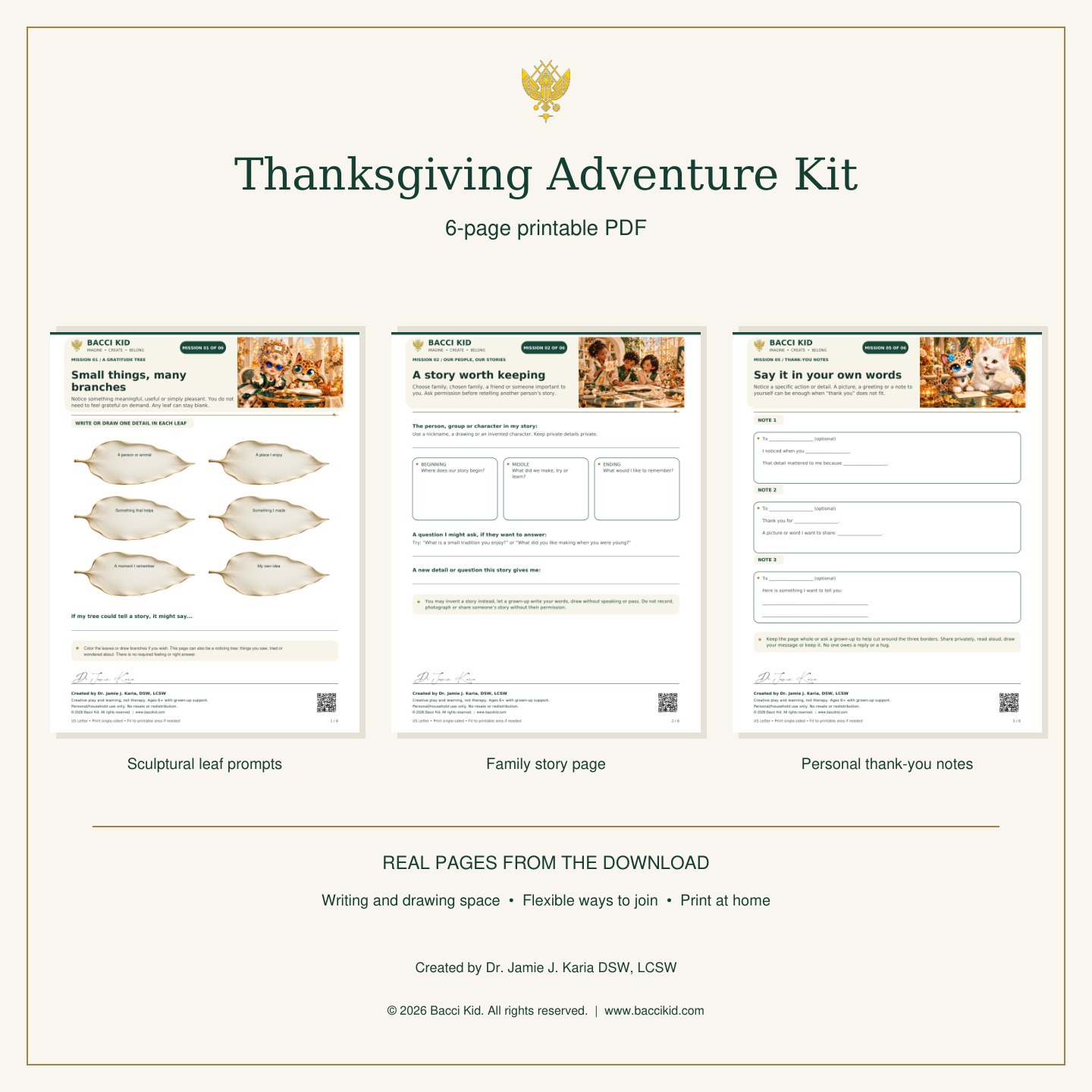 Actual printable gratitude leaves, family story and thank-you note pages