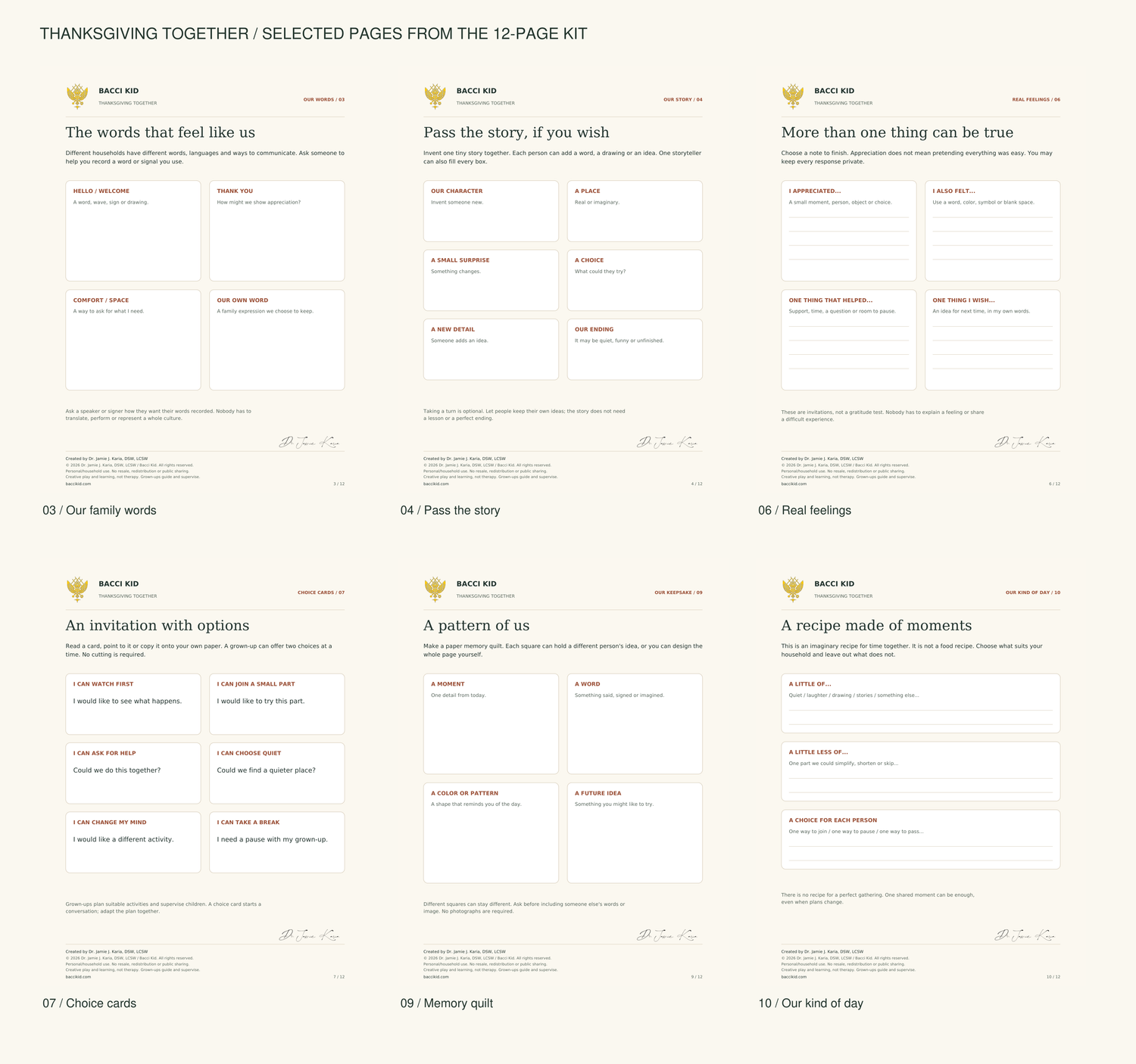 Actual Thanksgiving parent kit pages with restrained branding and clear creator footer