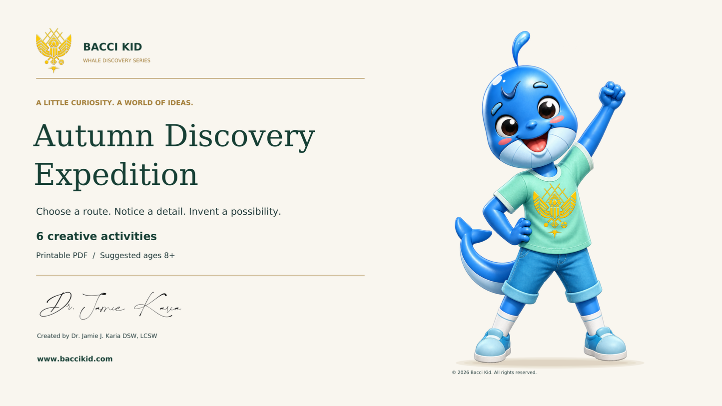 Whale Autumn Discovery Expedition, six printable activities with gold phoenix and creator signature