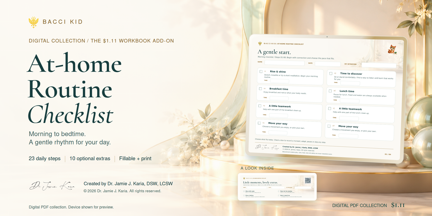 Bacci At-Home Routine Checklist by Dr. Jamie J. Karia, DSW, LCSW. Complete printable page and visible approved signature, 23 daily steps, 10 optional extras, fillable and print PDFs.
