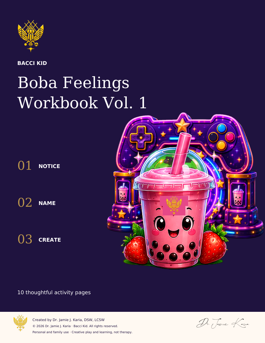 Boba Feelings Workbook Vol. 1 with current Bacci Kid yellow crest