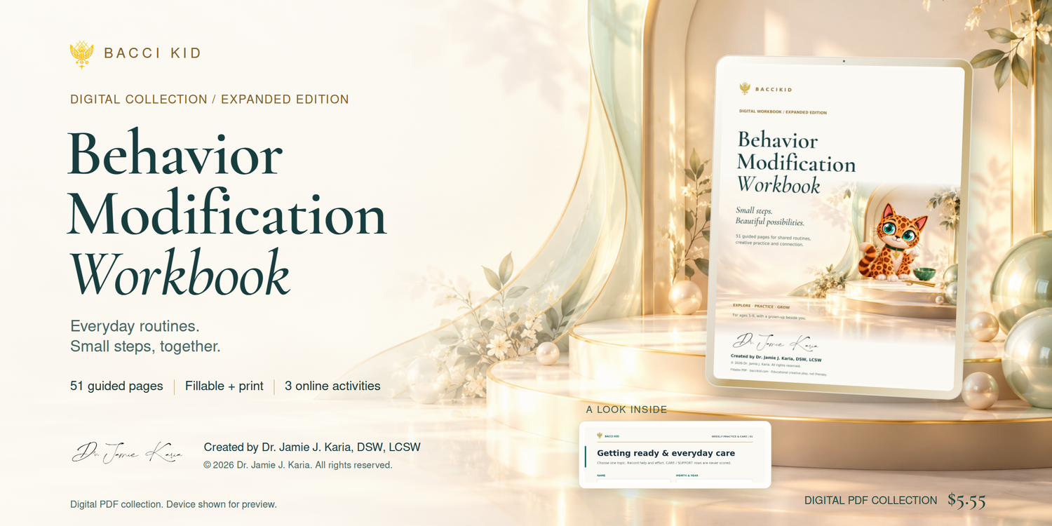 Digital Behavior Modification Workbook — Expanded Edition by Dr. Jamie J. Karia, DSW, LCSW. Complete pearl, jade and gold cover with visible approved signature, 51 pages, fillable and printable PDFs.