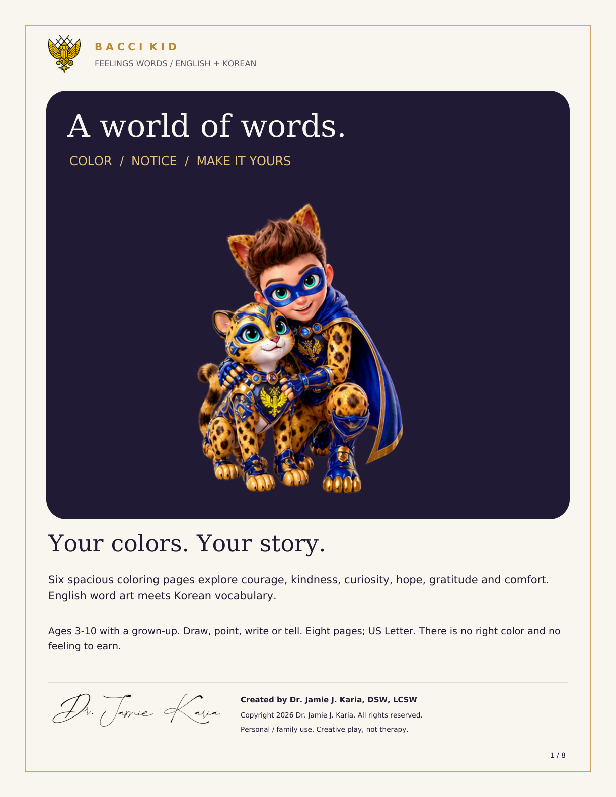 Bacci Kid Feelings Words Coloring Pack, English and Korean, eight printable pages