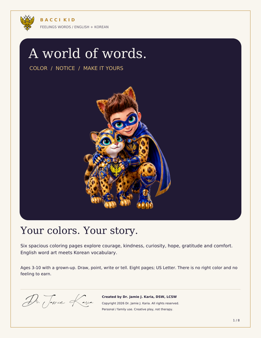 Bacci Kid Feelings Words Coloring Pack, English and Korean, eight printable pages