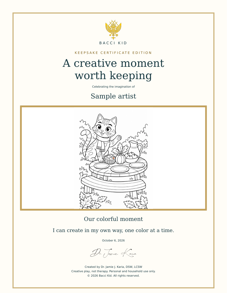 Example of the downloadable Keepsake Certificate Studio — sample artist and artwork
