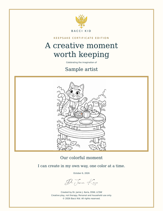 Example of the downloadable Keepsake Certificate Studio — sample artist and artwork