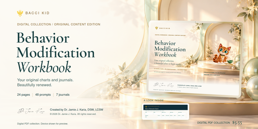 Digital Behavior Modification Workbook — Original Content Edition by Dr. Jamie J. Karia, DSW, LCSW. Complete cover and visible signature, 24 pages, 48 original chart prompts and seven journals.