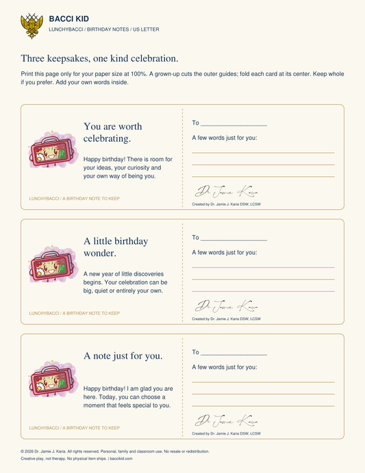 LunchyBacci Birthday Notes: three printable cards in US Letter and A4