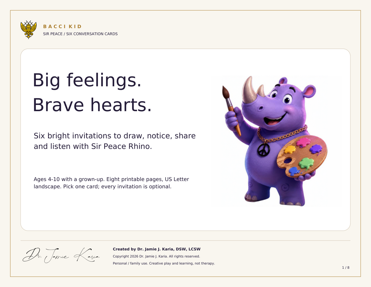 Sir Peace Rhino Feelings Cards — six creative cards, official Phoenix crest and Dr. Jamie J. Karia signature