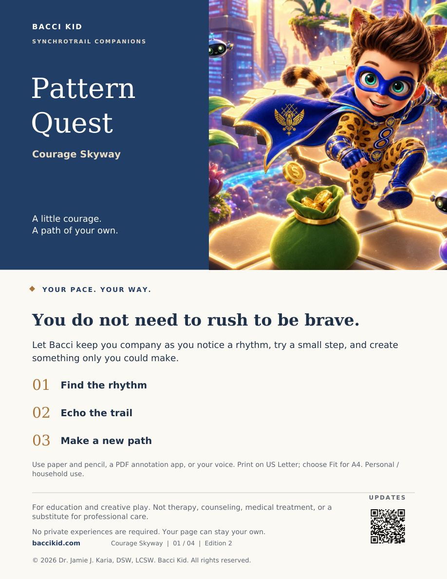Pattern Quest illustrated cover: Bacci in Courage Skyway beside a navy title panel and three activities.