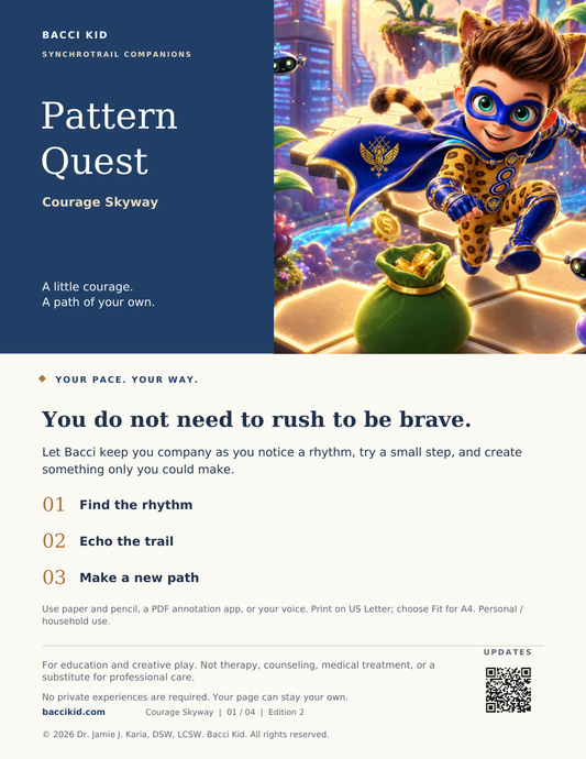 Pattern Quest illustrated cover: Bacci in Courage Skyway beside a navy title panel and three activities.