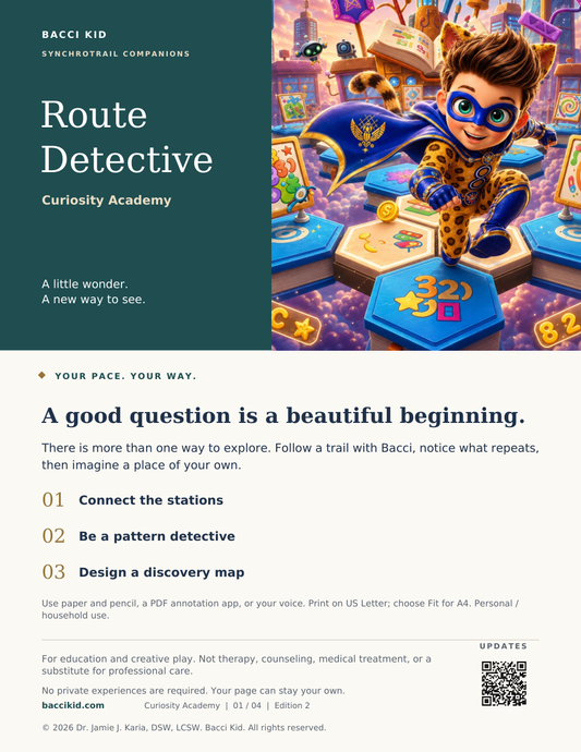 Route Detective illustrated cover: Bacci exploring Curiosity Academy beside a teal title panel and three activities.