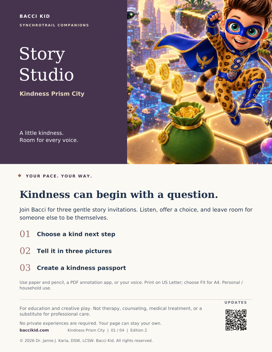 Story Studio illustrated cover: Bacci in Kindness Prism City beside a plum title panel and three activities.