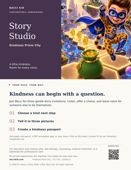 Story Studio illustrated cover: Bacci in Kindness Prism City beside a plum title panel and three activities.