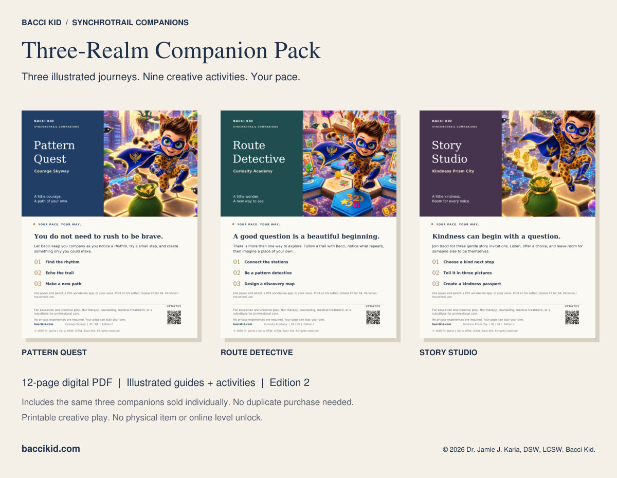 SynchroTrail Three-Realm Companion Pack: illustrated covers for Pattern Quest, Route Detective and Story Studio. Sixteen PDF pages include nine core activity pages, three realm guides and four collection pages.